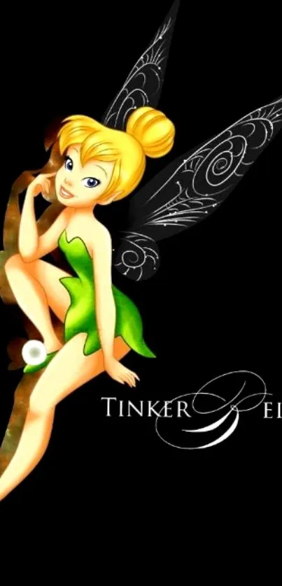 Whimsical Tinker fairy with vibrant colors on a black mobile wallpaper.