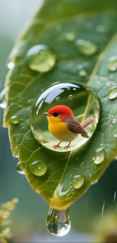 A colorful bird in a water droplet on a green leaf.