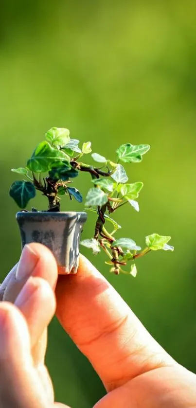 Hand holding a tiny potted plant with a green background.