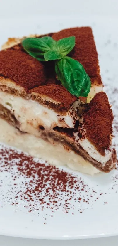 Close-up of a tiramisu slice with mint on a white plate.