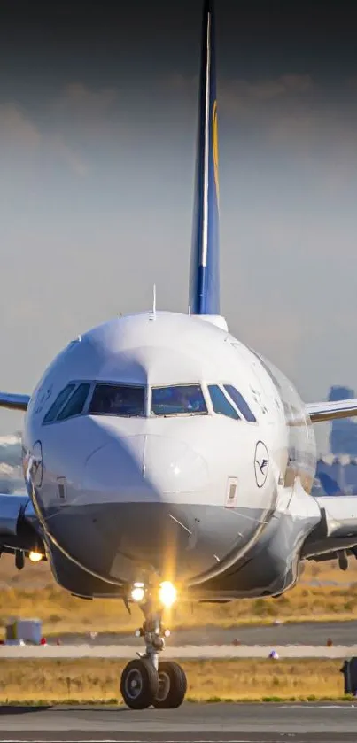 Airplane taxiing on the runway under a clear sky in an aviation-themed wallpaper.