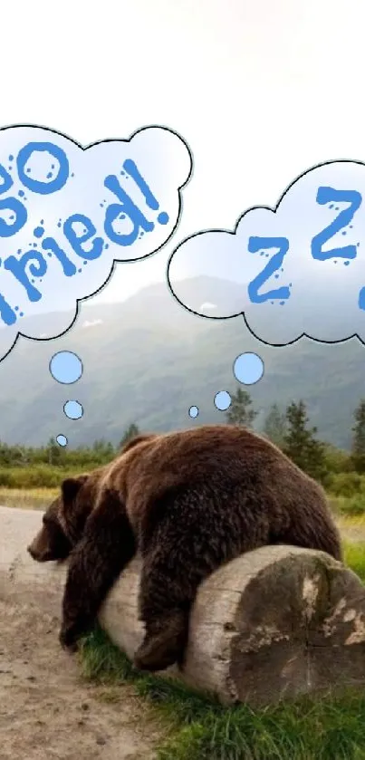 Tired bear lying on log with thought bubbles saying 'so tired' and 'zzz'.