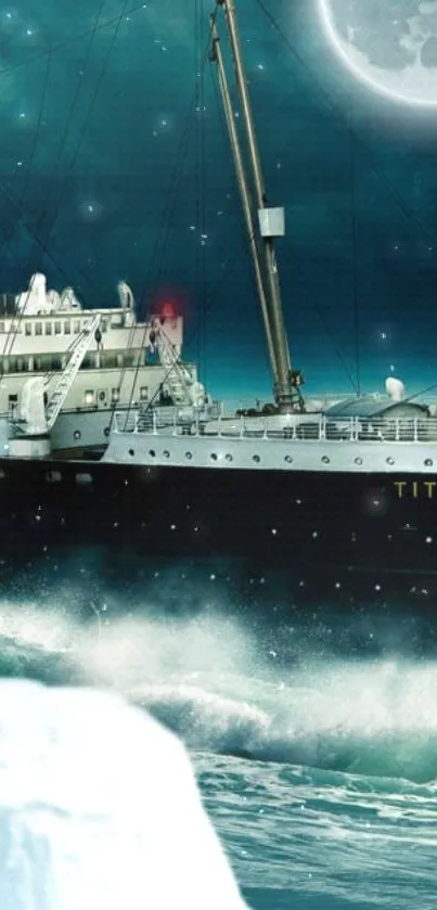 Titanic sailing under moonlit sky on ocean waves.