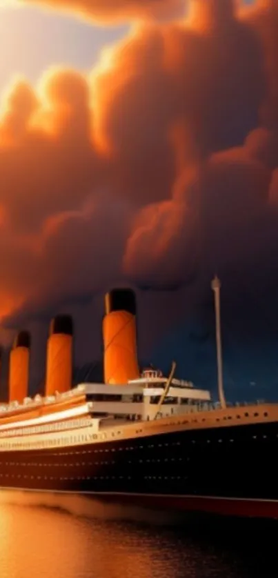 Titanic sailing at sunset with dramatic clouds over the ocean.