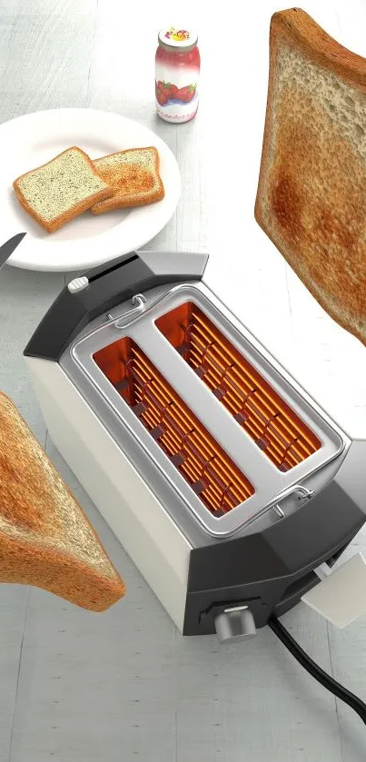 Shiny silver toaster with flying golden toast slices.