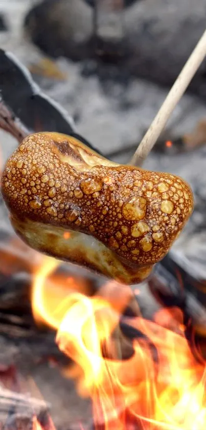 Toasting marshmallow over a cozy campfire with glowing flames and charred logs.