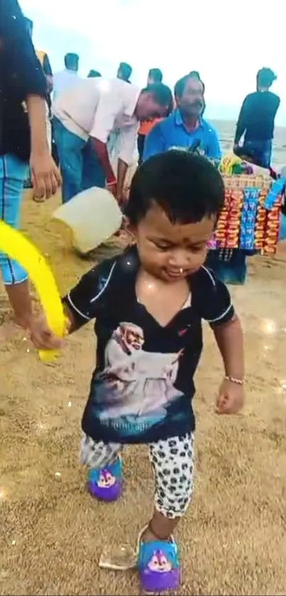 Little boy playing on a sandy beach with a smile and vibrant colors.