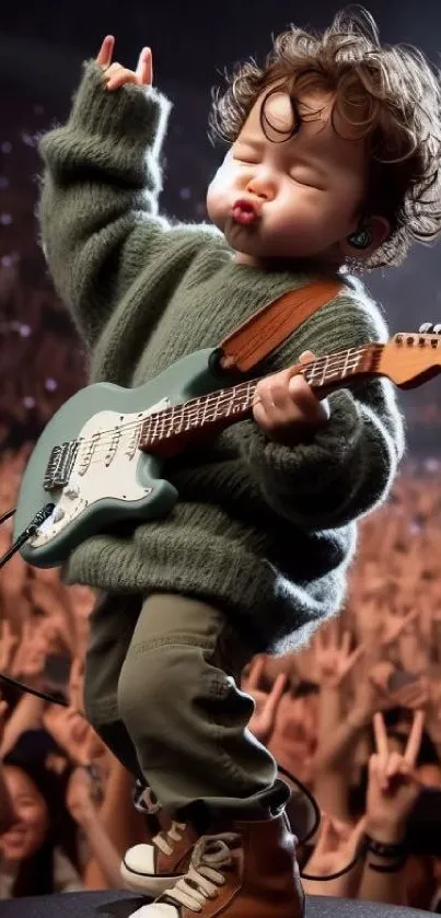 Adorable toddler playing guitar on stage.