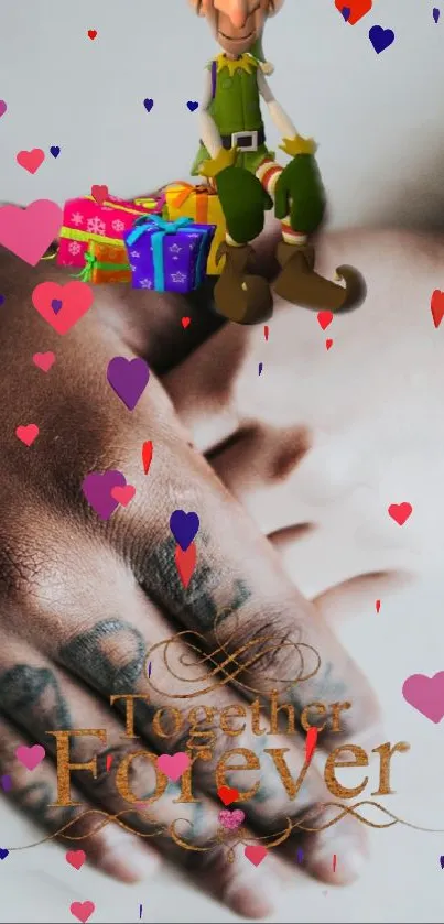 A loving image of hands with hearts, gifts, and 'Together Forever' text.