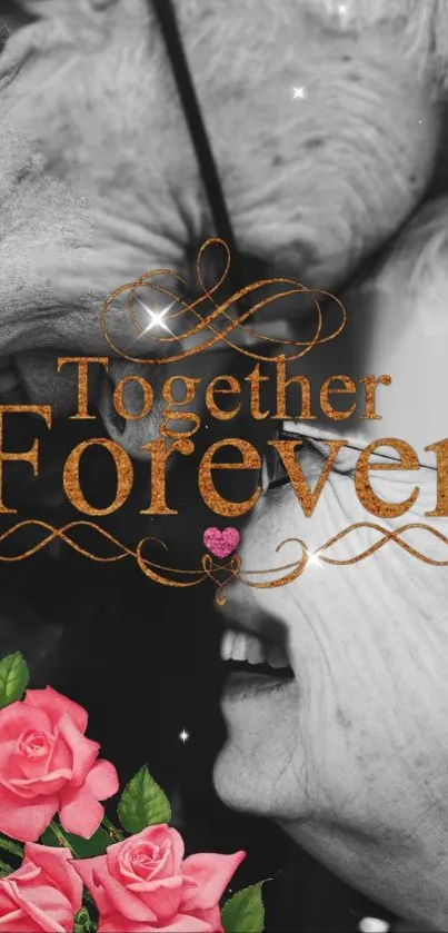 Elderly couple with roses and 'Together Forever' text.