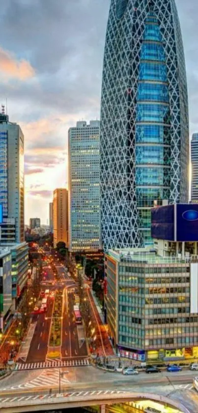 A stunning Tokyo cityscape with skyscrapers and a vibrant sunset sky.