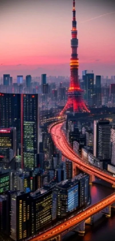 Tokyo Tower lit up at sunset with cityscape.