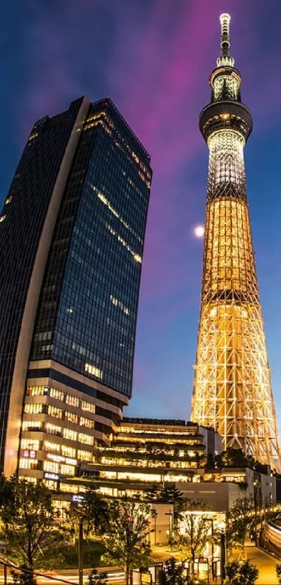 A stunning view of Tokyo Skytree illuminated against a vibrant twilight sky.