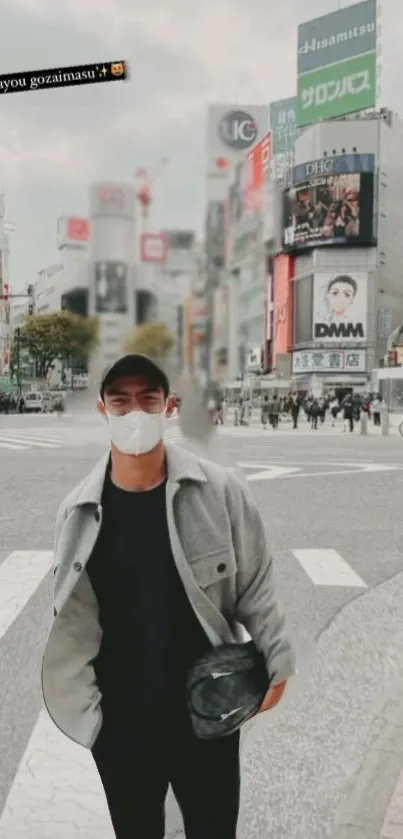 Man wearing mask in Tokyo street scene, grayscale backdrop.