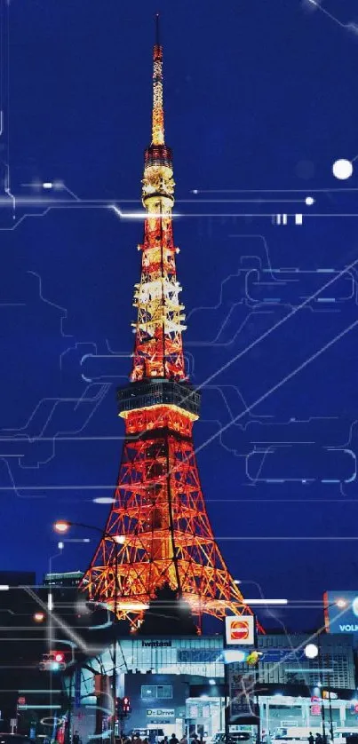 Tokyo Tower glowing at night with a digital overlay.