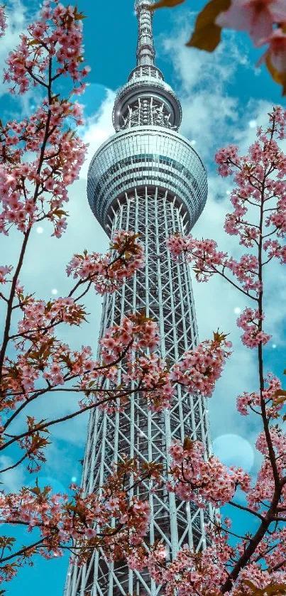 Tokyo Skytree with cherry blossoms under a vibrant blue sky.