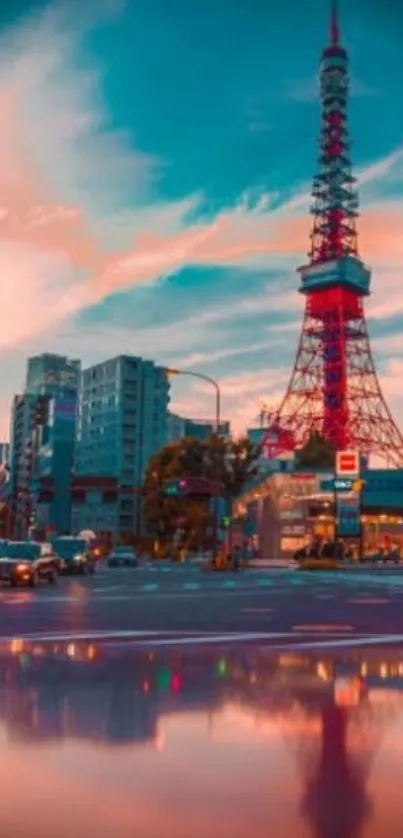 Vibrant Tokyo Tower cityscape at sunset with sky reflection.