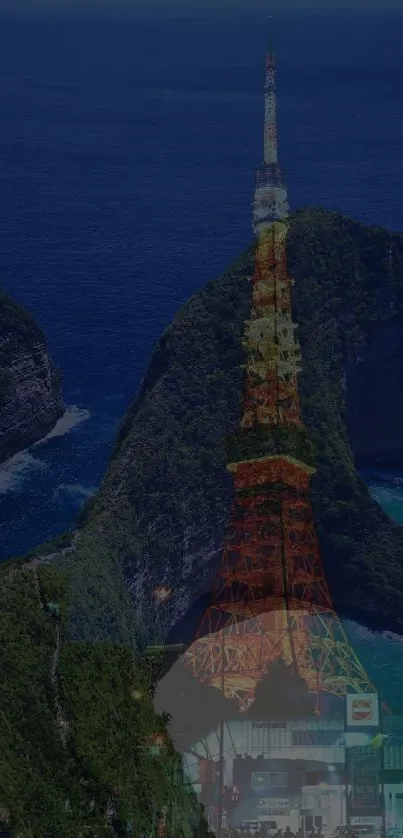 Blended image of Tokyo Tower and coastal cliffs with ocean view.