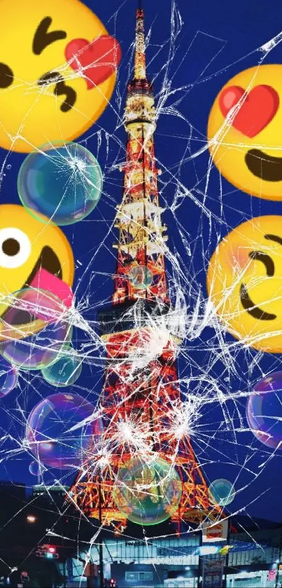 Tokyo Tower with colorful emojis against a dark blue sky.