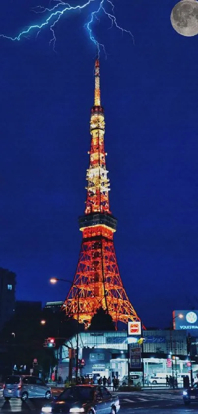 Tokyo Tower at night with lightning and a moonlit sky.