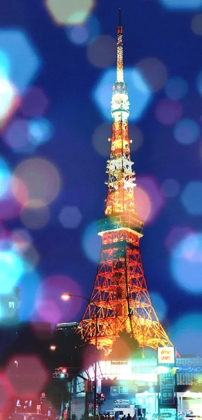 Vibrant Tokyo Tower at night with colorful bokeh lights.