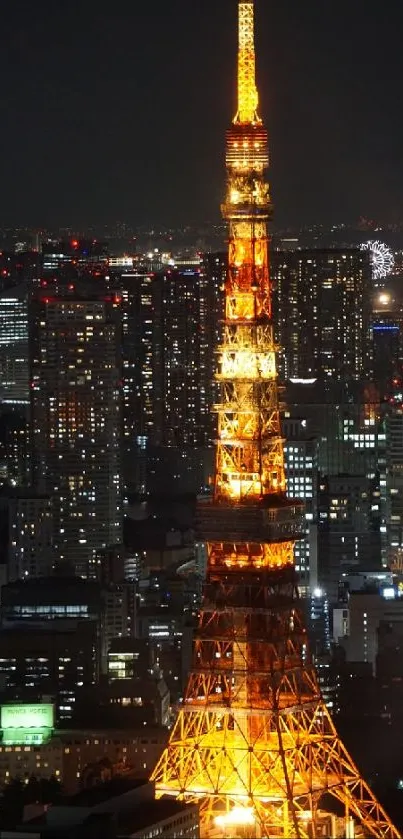 Tokyo Tower glowing at night with city lights.