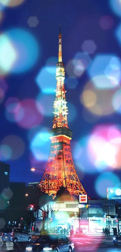 Tokyo Tower glowing in the night with vibrant city lights.