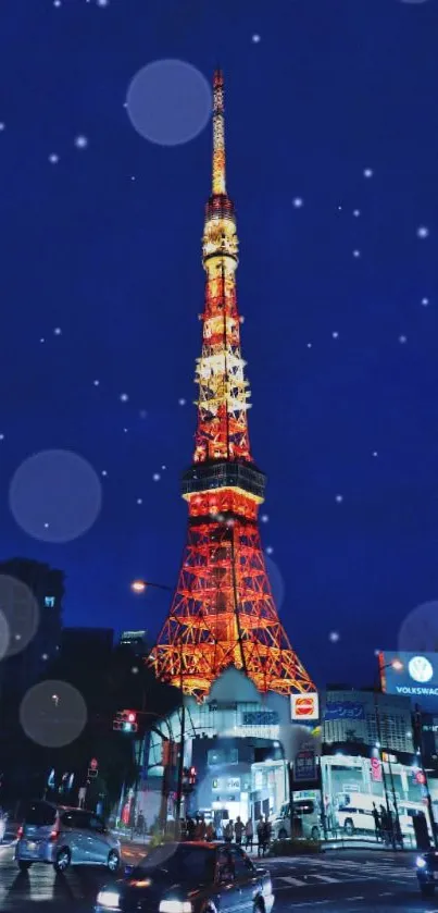 Tokyo Tower night view with city lights and a starry sky.