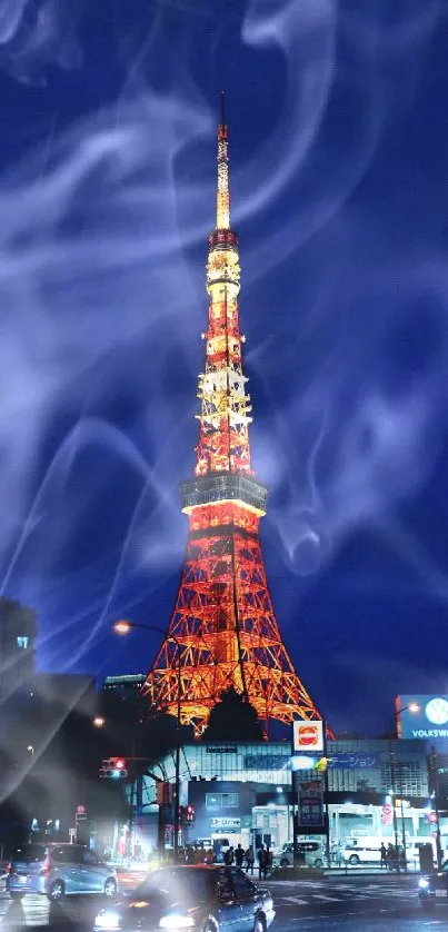 Tokyo Tower illuminated at night, cityscape view.