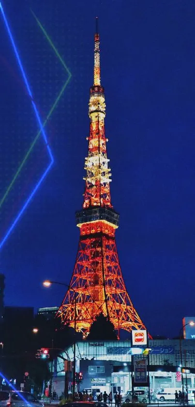 Tokyo Tower illuminated against a dark blue night sky with city lights