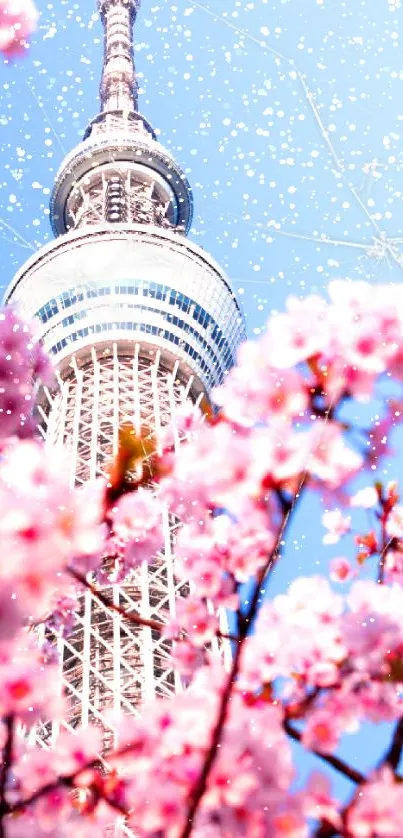 Tokyo Tower with cherry blossoms in spring hues of pink and blue.