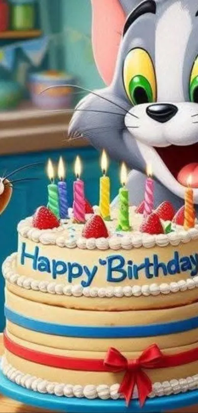 Tom and Jerry delight with birthday cake and candles.
