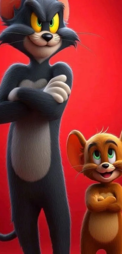 Tom and Jerry cartoon characters on red background.