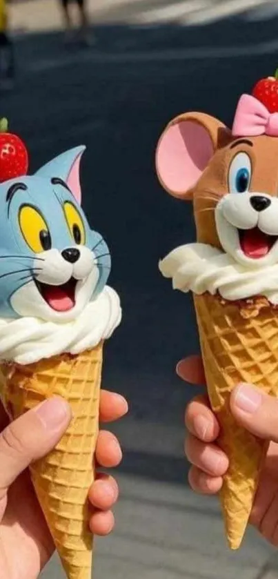 Tom and Jerry ice cream cones with strawberries on top.