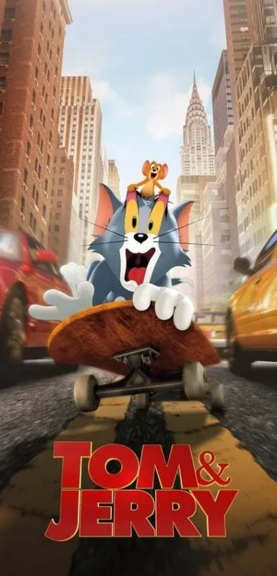 Tom and Jerry skateboarding through a lively city street.