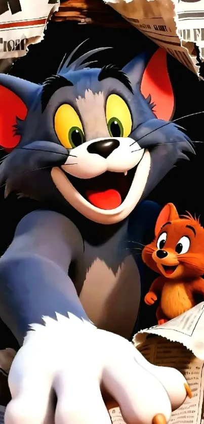 Tom and Jerry cartoon bursting through paper.