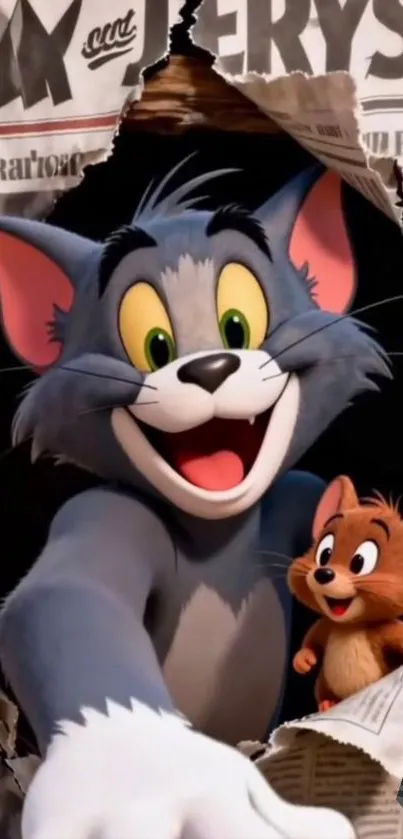 Tom and Jerry are joyfully bursting through a newspaper.