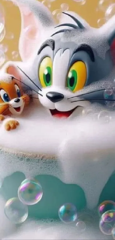 Tom and Jerry with bubbles in vibrant wallpaper.