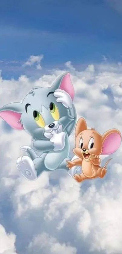 Tom and Jerry on clouds, playful mobile wallpaper.