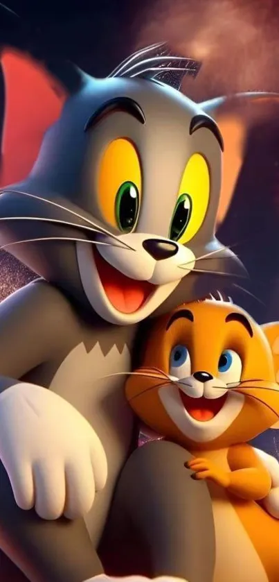 Tom and Jerry smiling with fireworks background.