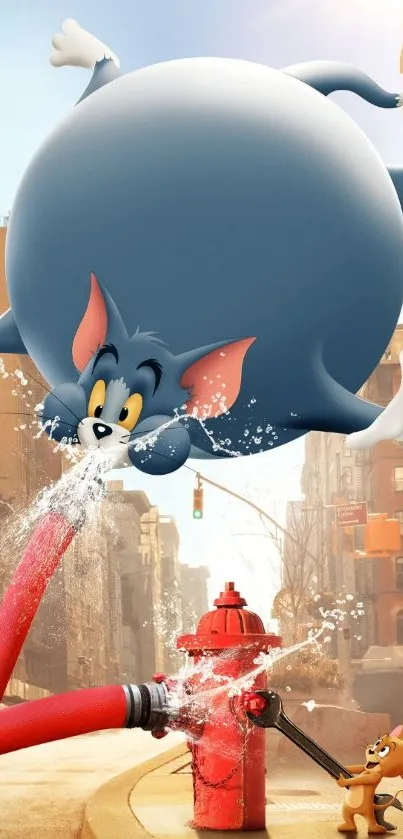 Tom and Jerry cartoon wallpaper with street scene.