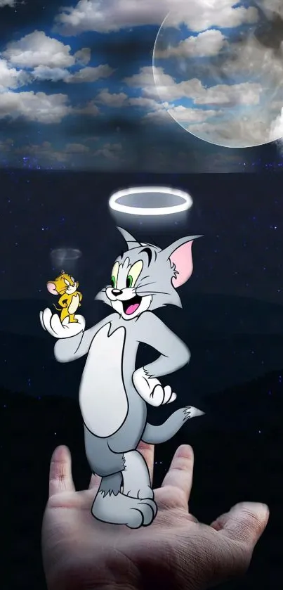 Tom and Jerry with halo under moonlit sky in hand.