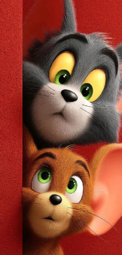 Tom and Jerry peeking out playfully on a red background.