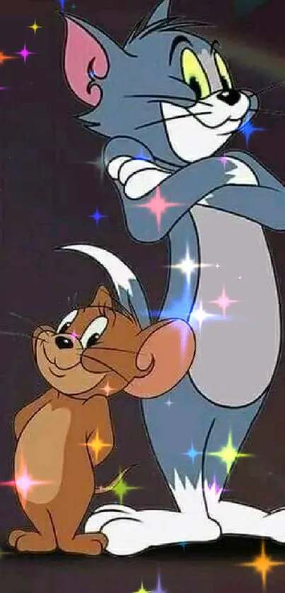 Tom and Jerry mobile wallpaper with colorful sparkles.