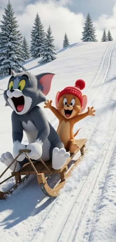 Tom and Jerry sledding in snowy landscape
