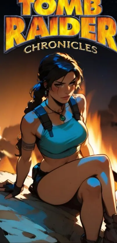 Lara Croft from Tomb Raider Chronicles sitting with a fiery background.