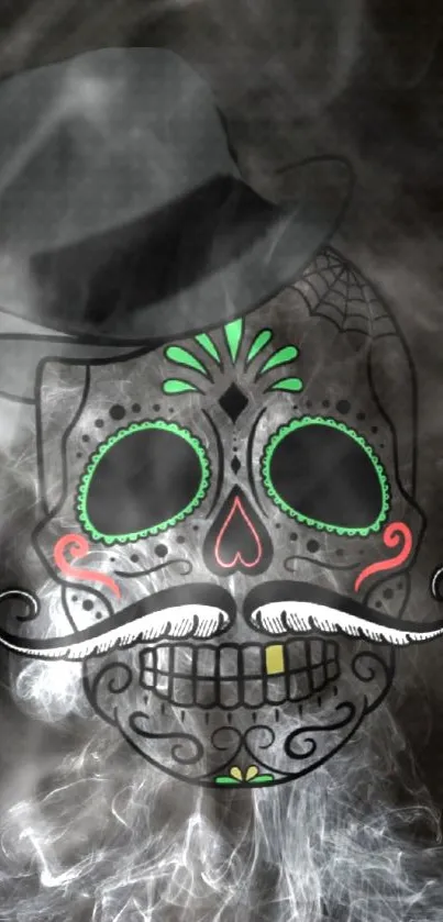 Artistic sugar skull with hat and smoke.