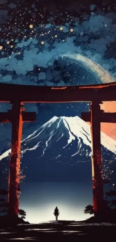 Torii gate with mountain backdrop under a starry night sky.