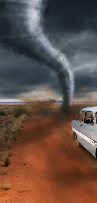 Vintage car speeds on dusty road with tornado in background.