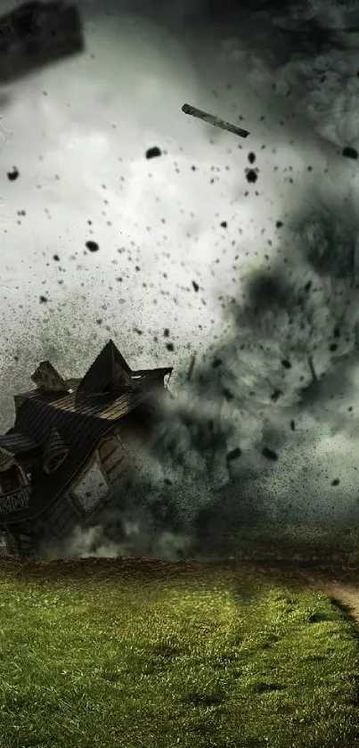 Dramatic tornado sweeps through rural landscape with dark stormy clouds overhead.